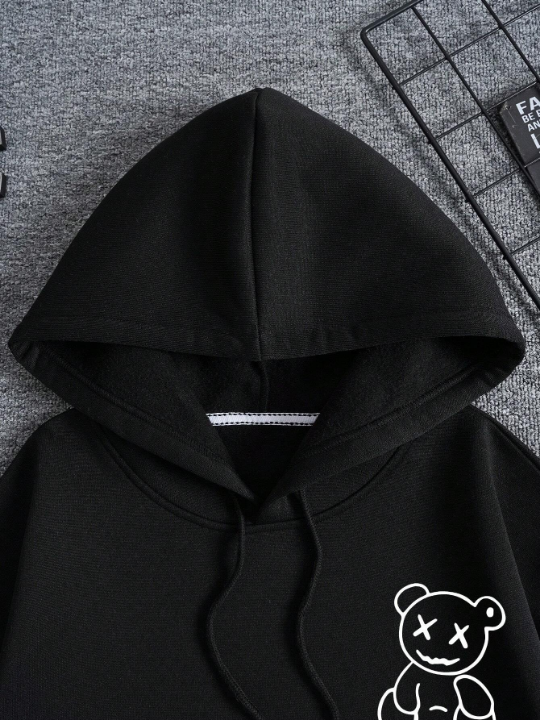 Men Bear Print Drawstring Thermal Lined Hoodie