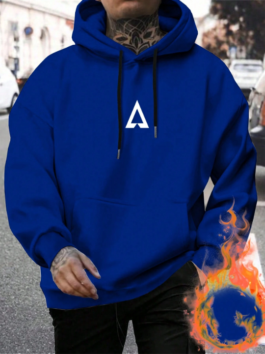 Manfinity Homme Men Geo Print Kangaroo Pocket Drawstring Thermal Lined Hoodie