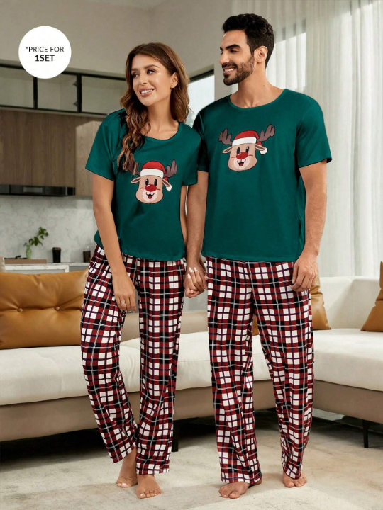 1pc Christmas Print Sleep Tee & 1pc Plaid Sleep Pants