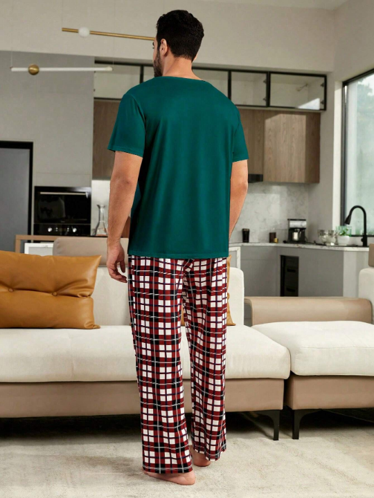 1pc Christmas Print Sleep Tee & 1pc Plaid Sleep Pants