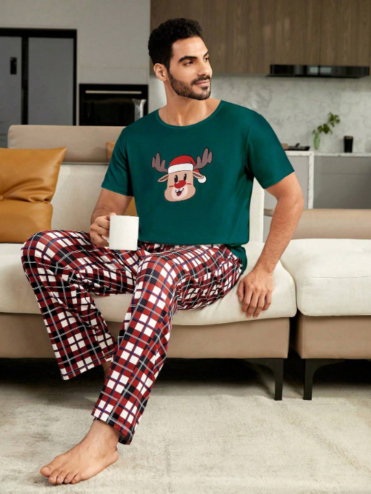 1pc Christmas Print Sleep Tee & 1pc Plaid Sleep Pants