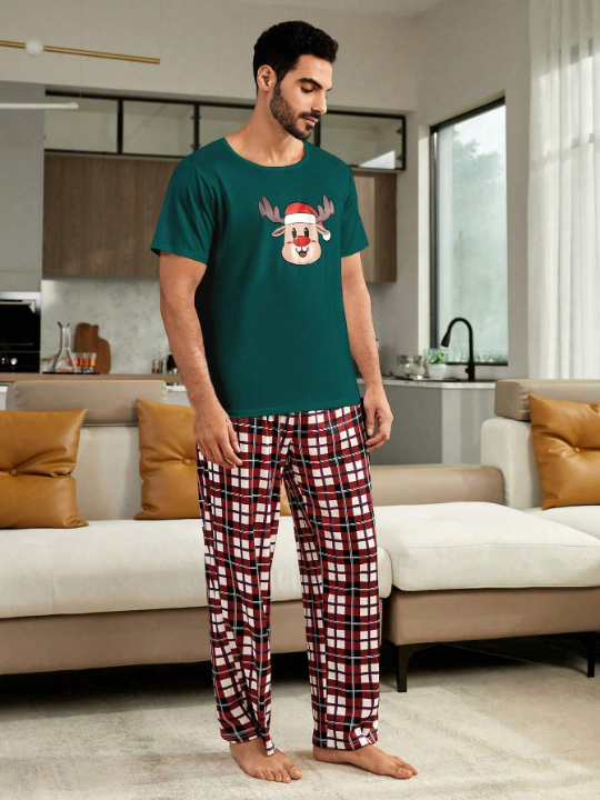 1pc Christmas Print Sleep Tee & 1pc Plaid Sleep Pants