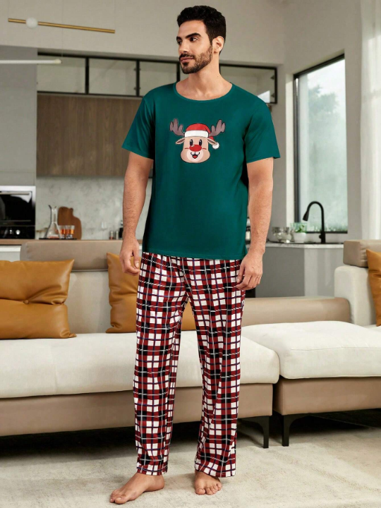 1pc Christmas Print Sleep Tee & 1pc Plaid Sleep Pants