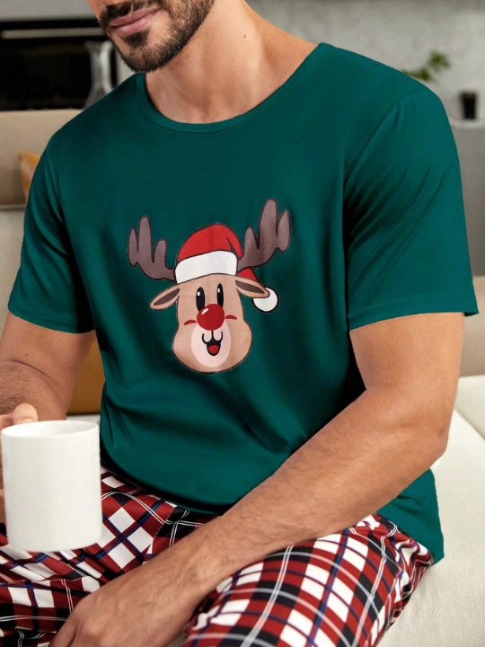 1pc Christmas Print Sleep Tee & 1pc Plaid Sleep Pants