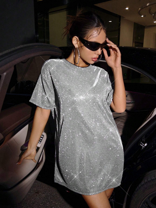 ICON Silver Drop Shoulder Glitter Concert Outfits Tee Dress