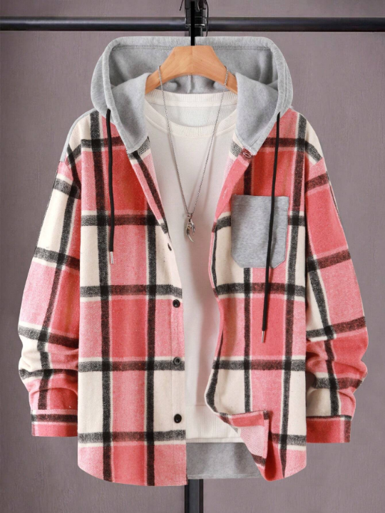 Manfinity Sporsity Men's Loose Plaid Print Drawstring Hooded Coat Without T-Shirt