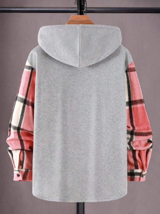 Manfinity Sporsity Men's Loose Plaid Print Drawstring Hooded Coat Without T-Shirt