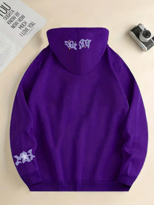 Manfinity Hypemode Loose-Fitting Men's Thermal Hoodie With Letter Graphics And Zipper