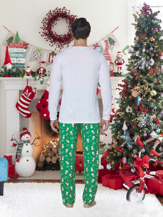 2pcs Men's Christmas Family Matching Sleepwear Set With Cute Snowman Patterned Long Sleeve Top And Pants, Holiday Comfortable Leisure Pajamas