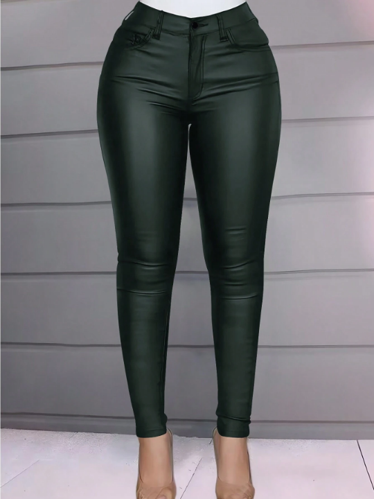 Apperloth A High Waist Stretchy Thermal Lined Slant Pocket PU Leather Skinny Winter Cropped Pants
