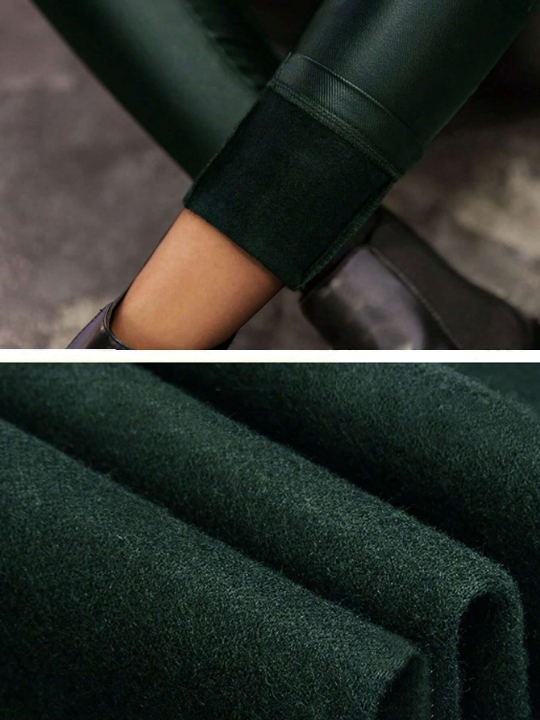 Apperloth A High Waist Stretchy Thermal Lined Slant Pocket PU Leather Skinny Winter Cropped Pants