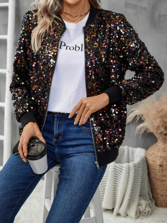 LUNE Sequin Decor Zip Up Bomber Jacket