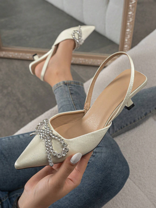 Women's Elegant Pointed Toe Kitten Heel Pumps With Butterfly & Rhinestone Decor, Spring/autumn Party/prom/wedding White Satin High Heels