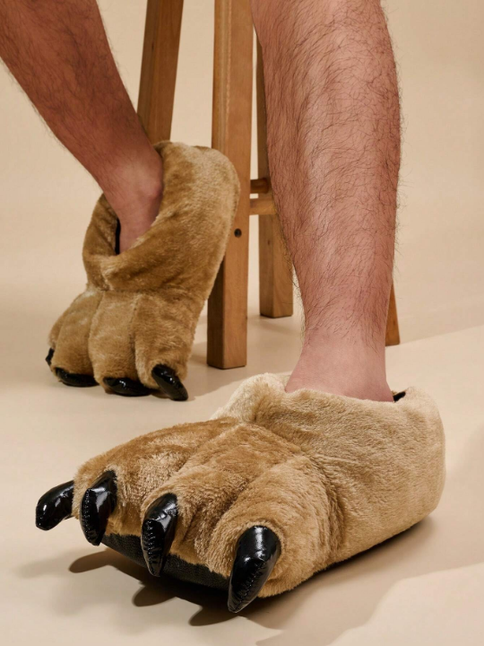 Men's Funny Plush Claw Flat Indoor Slipper For Home Winter, Black, Silent, Anti-slip