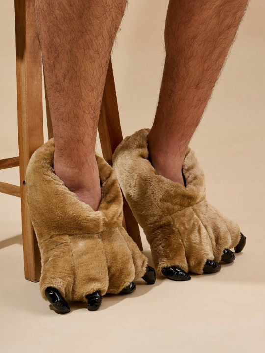 Men's Funny Plush Claw Flat Indoor Slipper For Home Winter, Black, Silent, Anti-slip