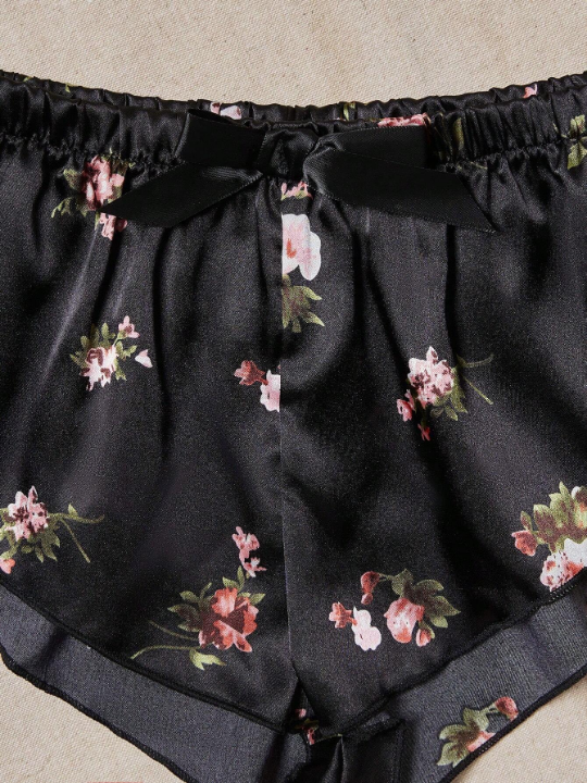 Floral Lace Bralette With Floral Print Satin Shorts