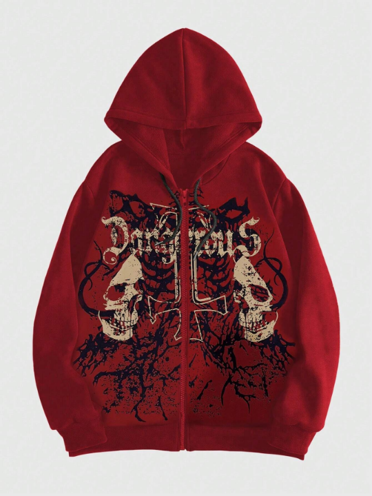 ROMWE Grunge Punk Men Red Skull Print Long Sleeve Sweatshirt