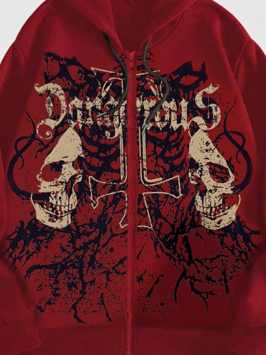 ROMWE Grunge Punk Men Red Skull Print Long Sleeve Sweatshirt