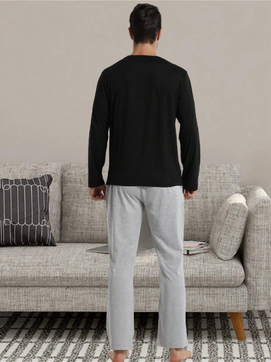 Men's Autumn & Winter 2pcs/set Homewear Long Sleeve T-shirt, Bottoming Shirt, And Long Pants Sleepwear Suit