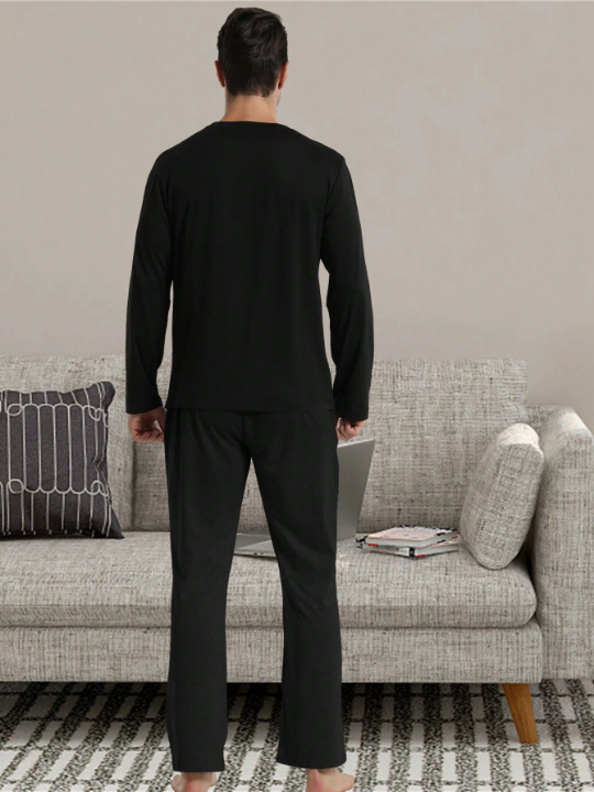 2pcs/set Men's Autumn Winter Pajama Set, Includes Long Sleeve T-shirt & Elastic Wide Leg Pants