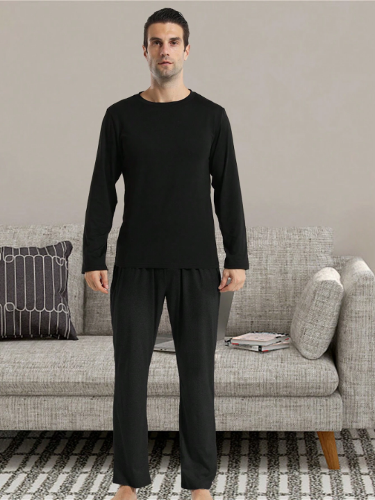 2pcs/set Men's Autumn Winter Pajama Set, Includes Long Sleeve T-shirt & Elastic Wide Leg Pants