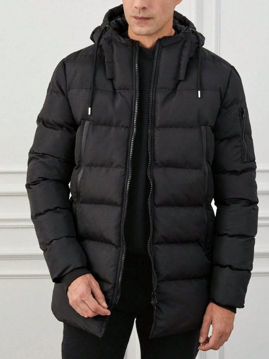 Men Zip Up Drawstring Hooded Puffer Coat
