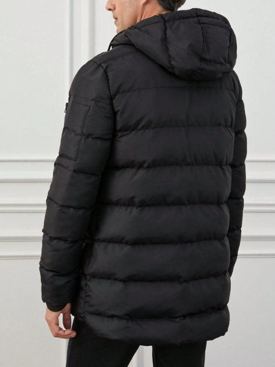 Men Zip Up Drawstring Hooded Puffer Coat