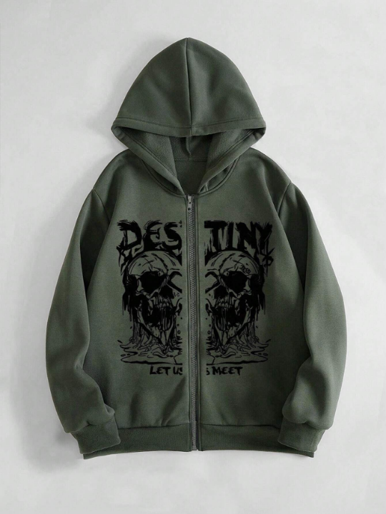 ROMWE Men Skull Print Zip Up Thermal Hoodie