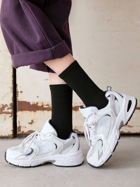 5pairs Black Thickened Fleece-lined Men's Mid-calf Socks For Warm Keeping, Anti-microbial & Sweat Absorbing, Casual And Trendy Round-neck Socks Suitable For Winter