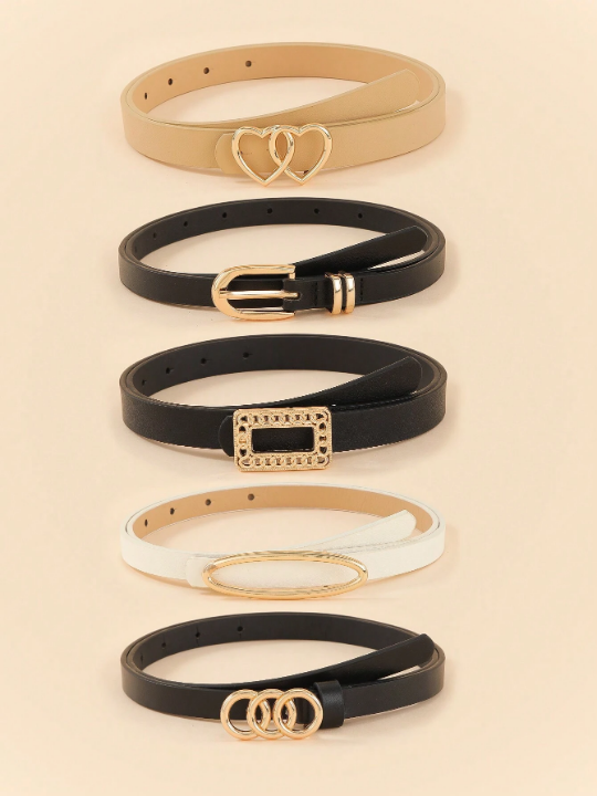 5pcs/Set Women's Square Shape & Heart Shape & Circle Shape Jeans Dress Belts With Gold Metal Buckle, Great For Daily Wear Casual