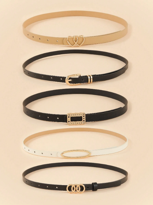 5pcs/Set Women's Square Shape & Heart Shape & Circle Shape Jeans Dress Belts With Gold Metal Buckle, Great For Daily Wear Casual