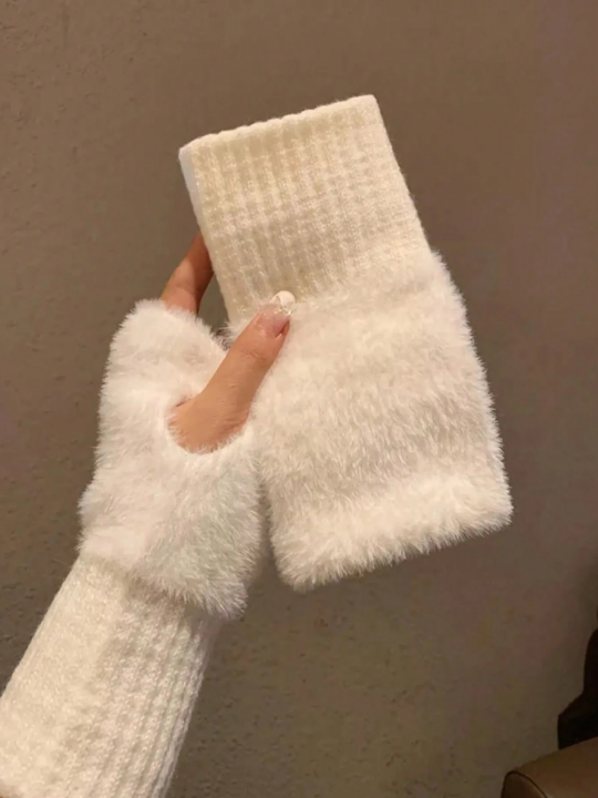 1 Pair Mink Fleece Soft Winter Half Finger Gloves Women Warm Luxury Solid White Plush Knitted Fingerless Gloves Wrist Mittens Writting