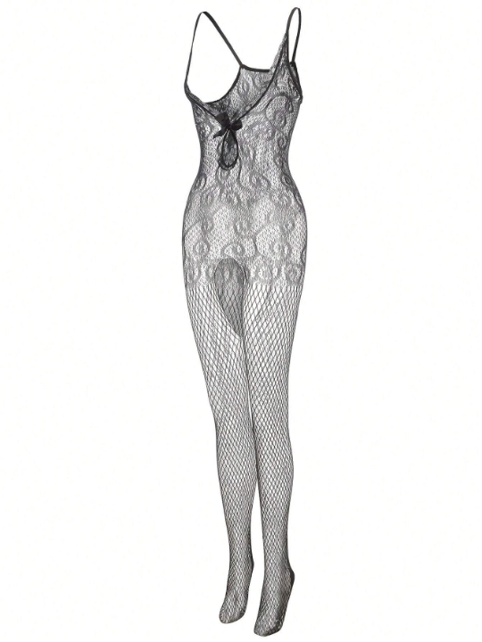Fishnet Contrast Lace Bow Front Crotchless Body Stocking