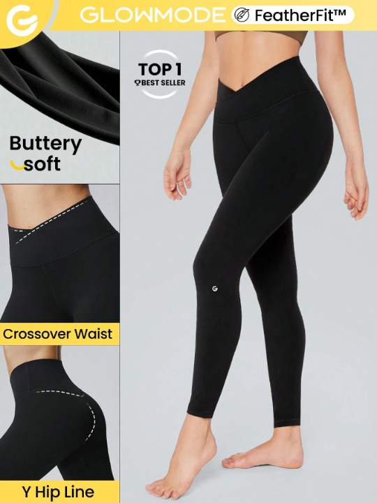 GLOWMODE 24" FeatherFit Crossover Yoga Leggings Buttery Soft High Stretch Crossover Waist Sports Tights
