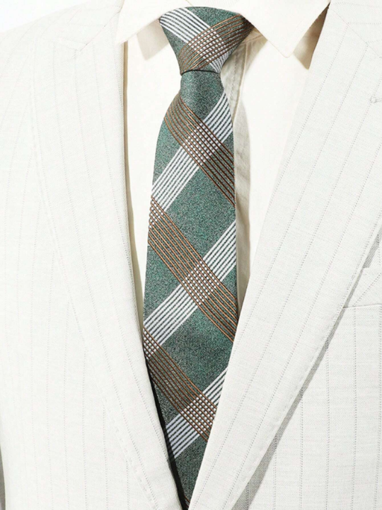 1pc Men's Casual Green Plaid & Stripe Pattern Necktie For Business, Party, Daily Wear
