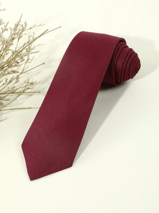1pc Men's Solid Wine Red & Horizontal Stripe Pattern Lightweight Necktie Suitable For Business, Banquet And Daily Wear