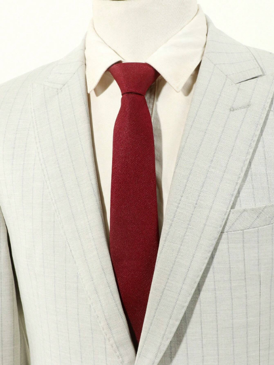 1pc Men's Solid Wine Red & Horizontal Stripe Pattern Lightweight Necktie Suitable For Business, Banquet And Daily Wear