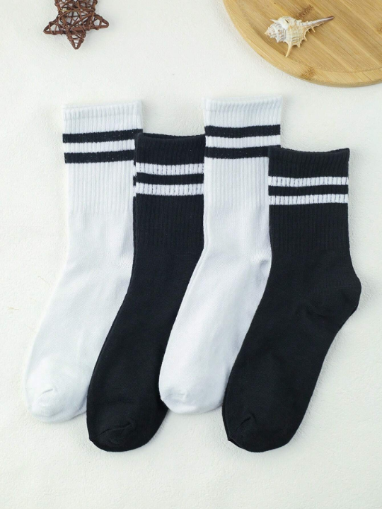 4 Pairs/pack Men's Pure Color Simple Style Mid-calf Socks (black/white)