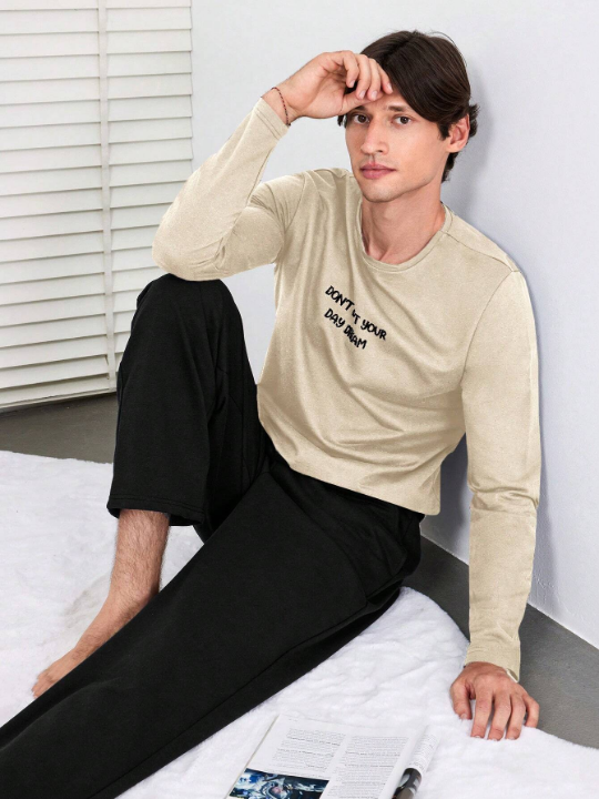 Cottnline Men Slogan Embroidered PJ Set