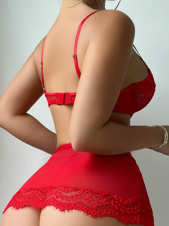 Lace Sexy Lingerie Set Of 5: 1pc Bra With Steel Ring, 1pc Garter Belt, 1pc Thong, 2 Pairs Of Stockings