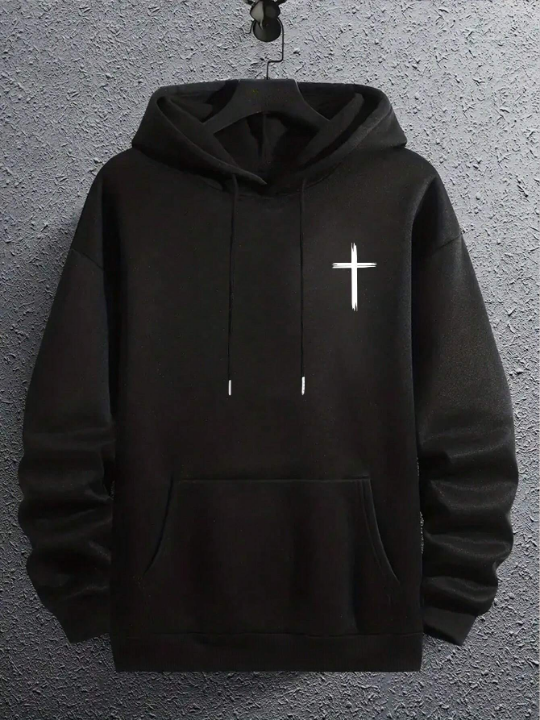Men Slogan & Cross Graphic Drop Shoulder Drawstring Hoodie