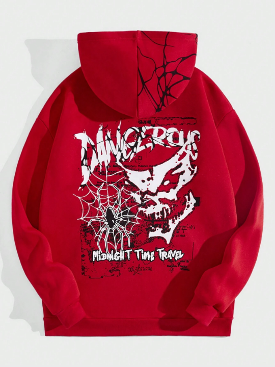 ROMWE Grunge Punk Men Spider Web & Letter Printed Hooded Fleece Sweatshirt
