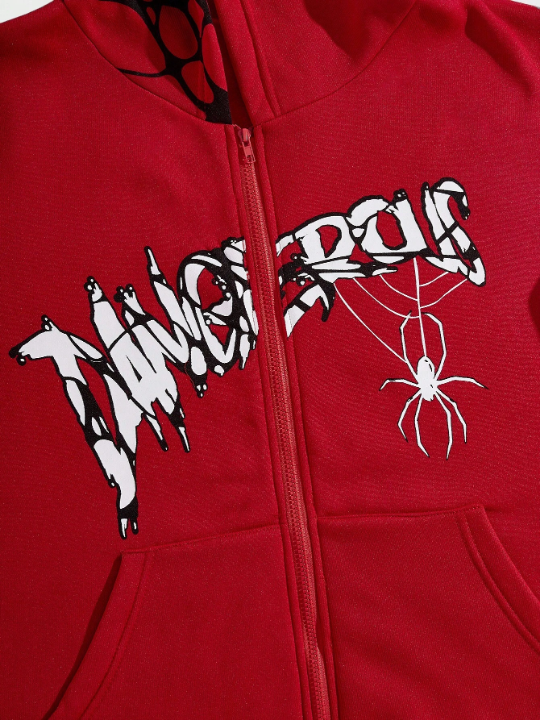 ROMWE Grunge Punk Men Spider Web & Letter Printed Hooded Fleece Sweatshirt