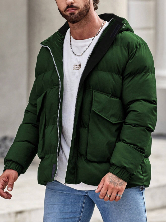 Manfinity Loose Men's Flap Pocket Zipper Hooded Puffer Coat