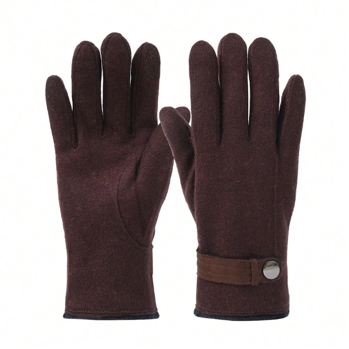 1pair Men's Genuine Coffee Wool Touch Screen Double-layer Fleece Lined Sports Cycling Gloves, Outdoor Use