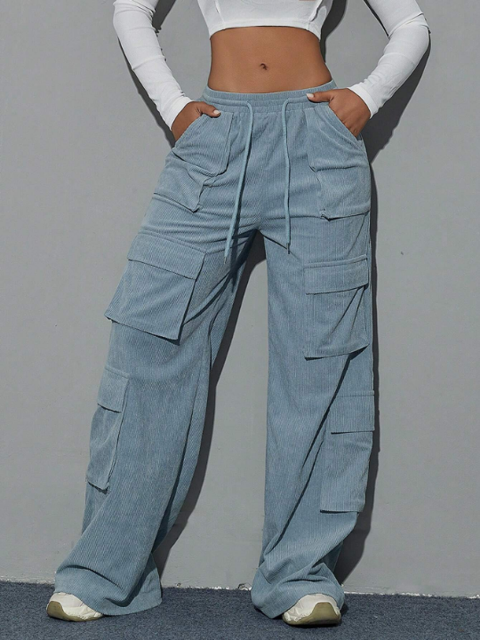 Y2K Flap Pocket Drawstring Waist Wide Leg Hip Hop Cargo Corduroy Pants