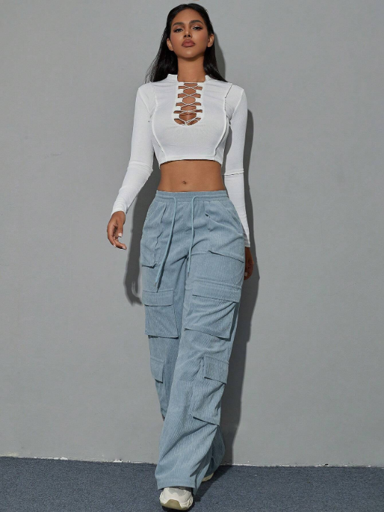 Y2K Flap Pocket Drawstring Waist Wide Leg Hip Hop Cargo Corduroy Pants