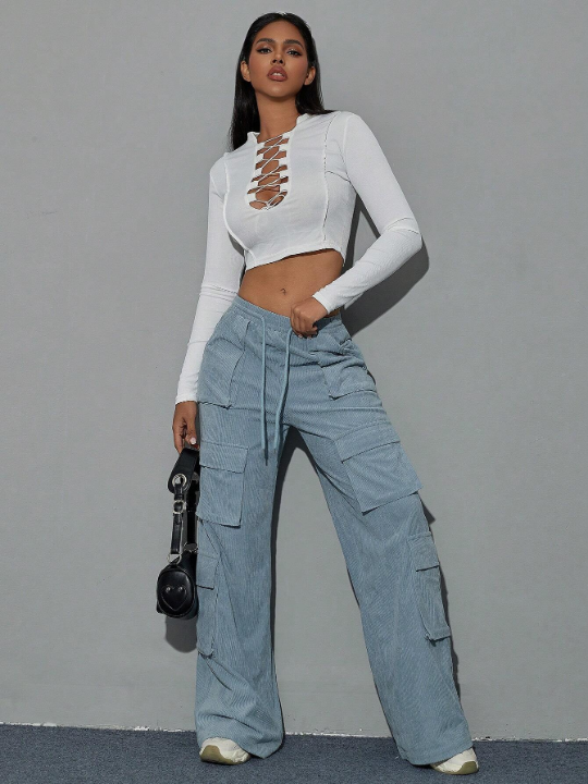 Y2K Flap Pocket Drawstring Waist Wide Leg Hip Hop Cargo Corduroy Pants