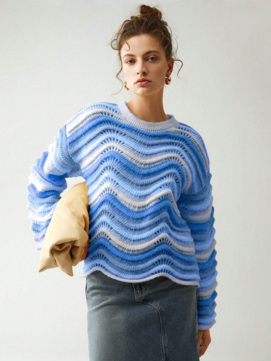 Anewsta Women'S Wavy Striped Drop Shoulder Sweater