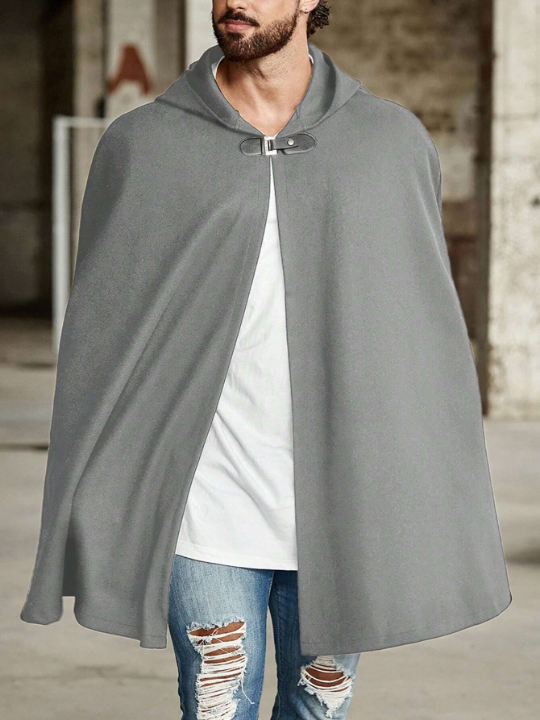 Manfinity Homme Loose Fit Men's Solid Color Hooded Cloak Thick Woolen Coat